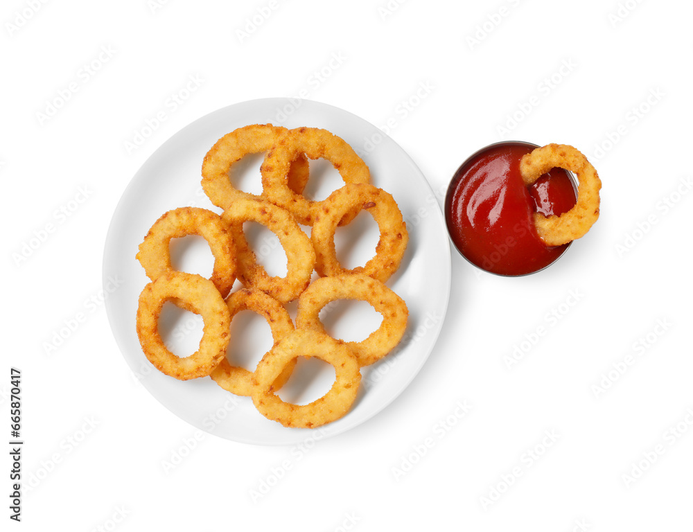 Tasty fried onion rings with ketchup isolated on white, top view Tasty fried onion rings with ketchup isolated on white, top view