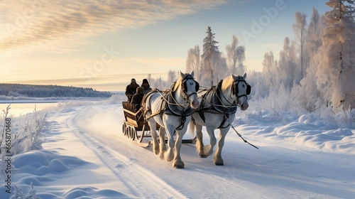A horse-drawn sleigh ride through a snowy landscape  © Halim Karya Art