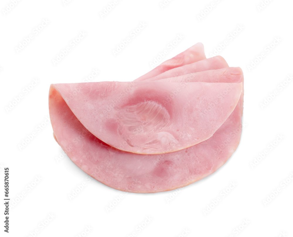 Slices of tasty ham isolated on white Slices of tasty ham isolated on white