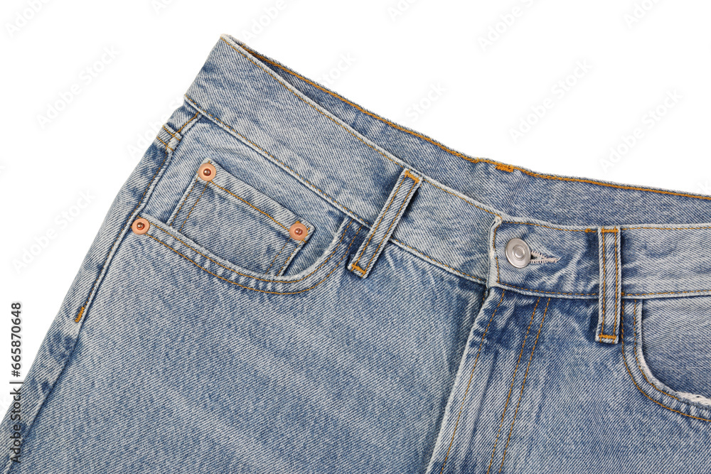 Stylish light blue jeans isolated on white, top view