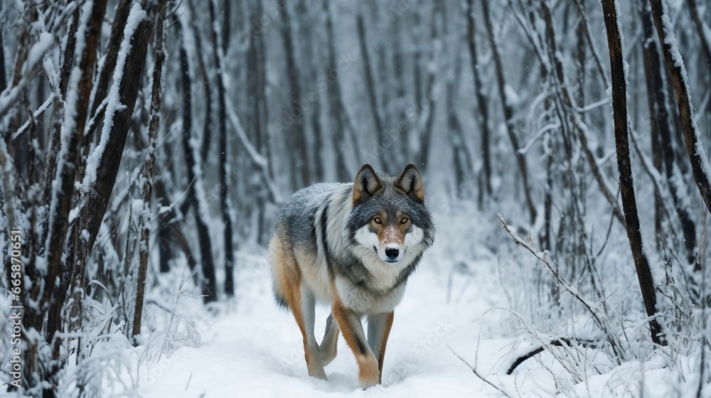 A lone wolf traversing a snowy, silent forest
