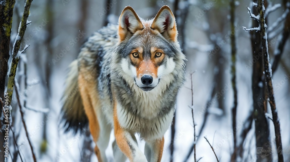 A lone wolf traversing a snowy, silent forest
A lone wolf traversing a snowy, silent forest