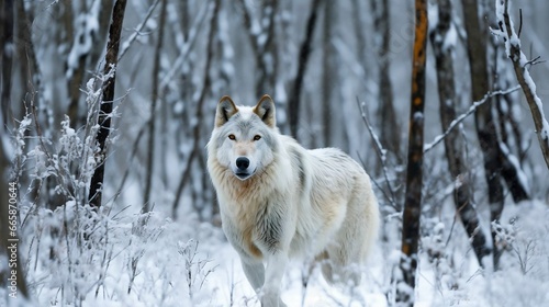 A lone wolf traversing a snowy, silent forest 