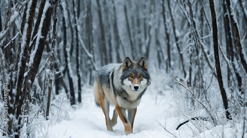 A lone wolf traversing a snowy  silent forest 