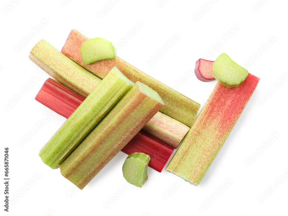 Cut fresh ripe rhubarb isolated on white, top view