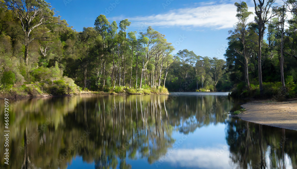 Fototapeta premium A Secluded Paradise Waters Reflecting Towering Trees in Peaceful Landscape