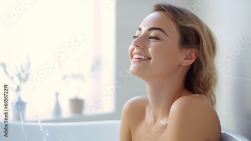 バスルーム・お風呂に入る若い白人女性（入浴・バスタイム）
 photo