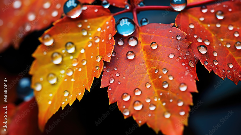 Red orange leaves with raindrops on them