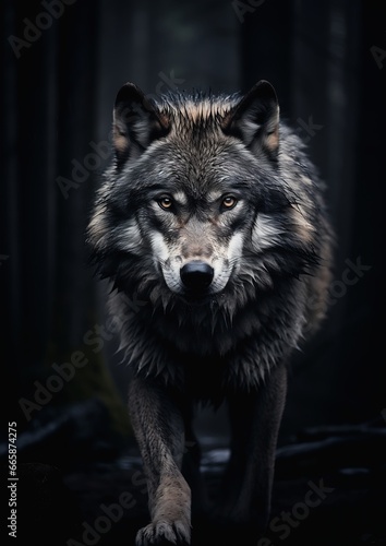 wolf walking woods eyes open profile lighting portrait dangerous appearing background black wings resistance photo