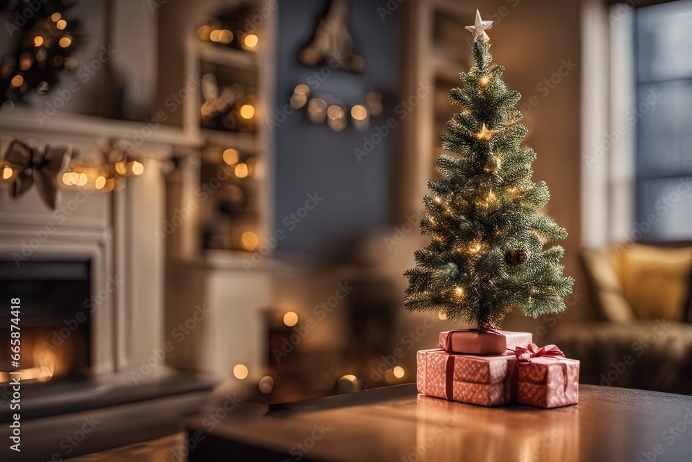 Photo of Mini Christmas Tree With Ornaments on It in Living Room for Christmas Background Photo of Mini Christmas Tree With Ornaments on It in Living Room for Christmas Background