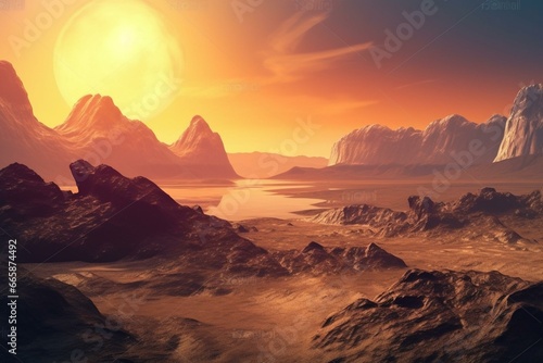 Sunrise over extraterrestrial world. Futuristic landscape. Generative AI