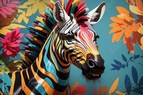 Render a playful zebra with a vibrant color palette.Generative AI