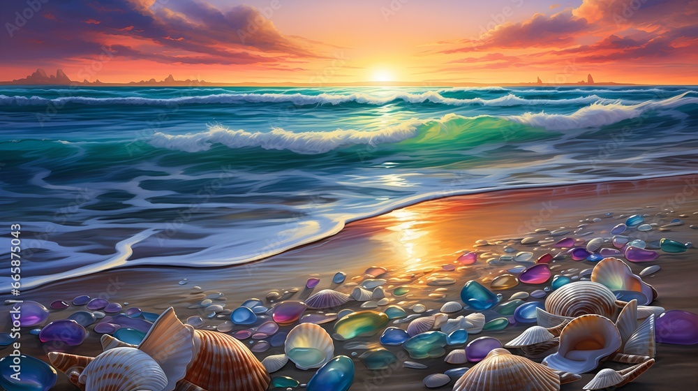 seascape shells sunset background crystals furry colors refraction white sparkles sunlight beams floating stones tilework seashore - obrazy, fototapety, plakaty 