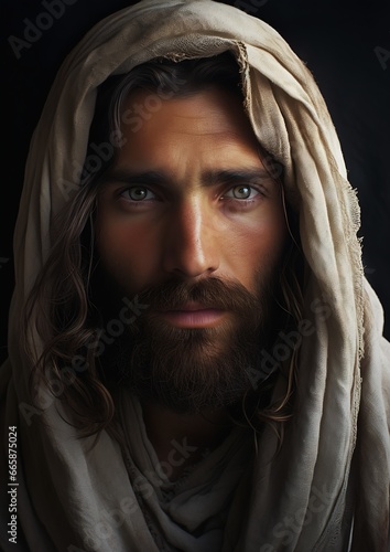 Photos man beard scarf head portrait jesus christ young trustworthy eyes adult city war