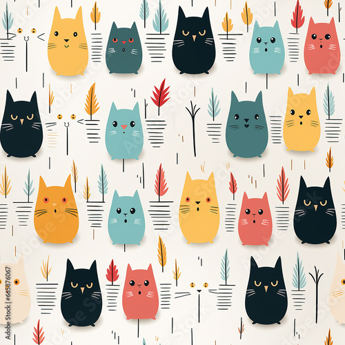 Hand drawn Japanese style seamless pattern of cats.