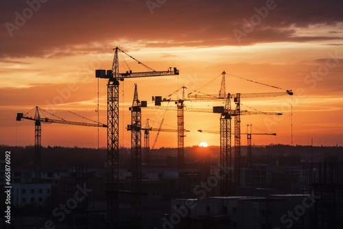Sunset view of construction cranes. Generative AI