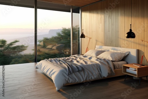 Modern bedroom with scenic view and minimalist decor. Generative AI