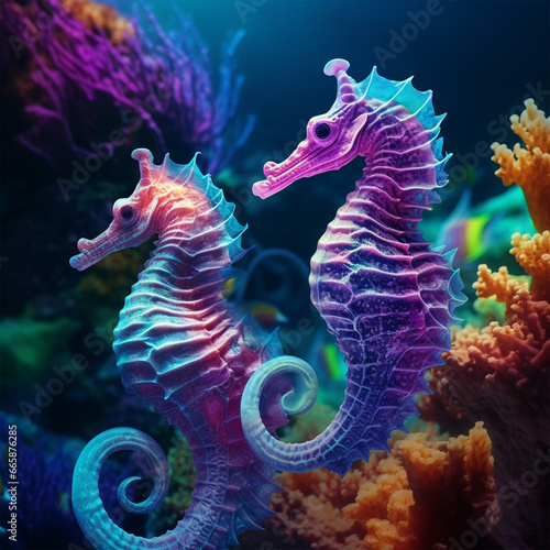 Seahorses Amidst Reef Wonders, Dive into the mesmerizing world of the ocean with this stunning image featuring colorful seahorses. Illustration, AI Generative, Midjourney.