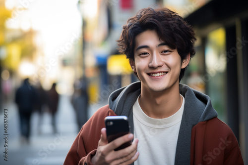 街中でスマホを手に持つ笑顔の若い男性 photo
