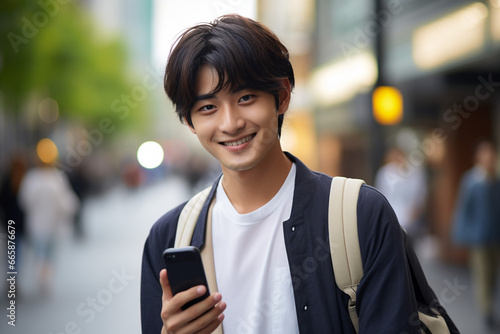 街中でスマホを手に持つ笑顔の若い男性 photo