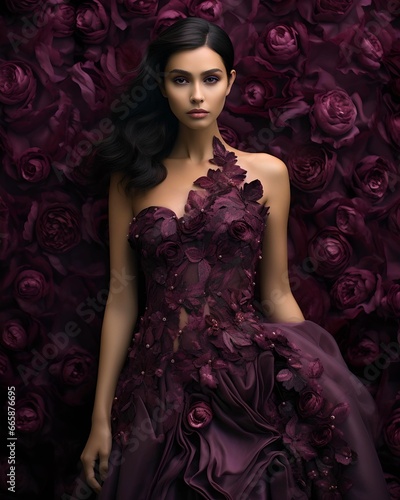 Glamorous Model in Purple: Rose Petal Elegance
