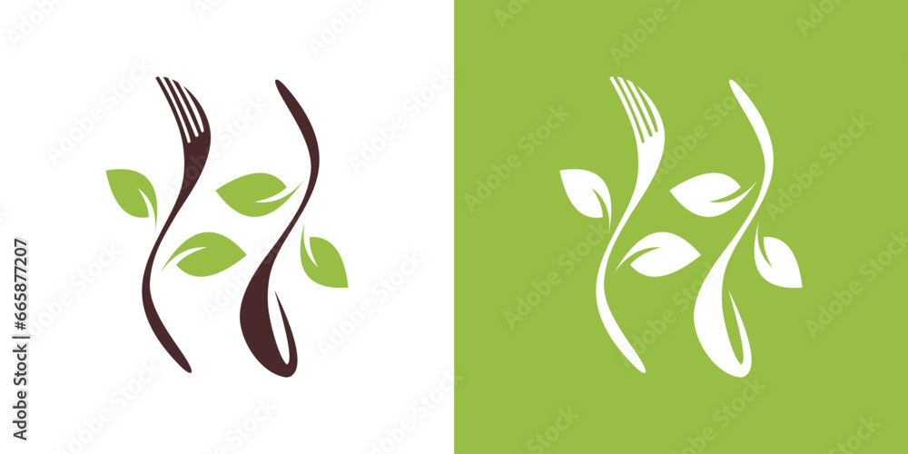 fork and spoon logo design with leaves. organic food design. icon symbol for health restaurant food - obrazy, fototapety, plakaty 