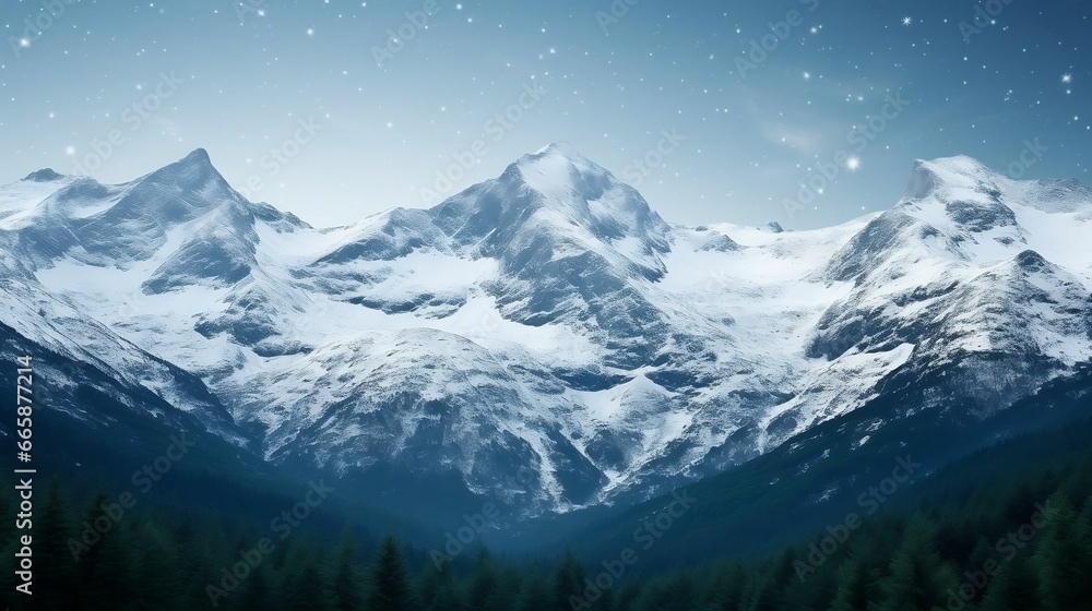 Snowy mountain peaks under a clear, starry night
