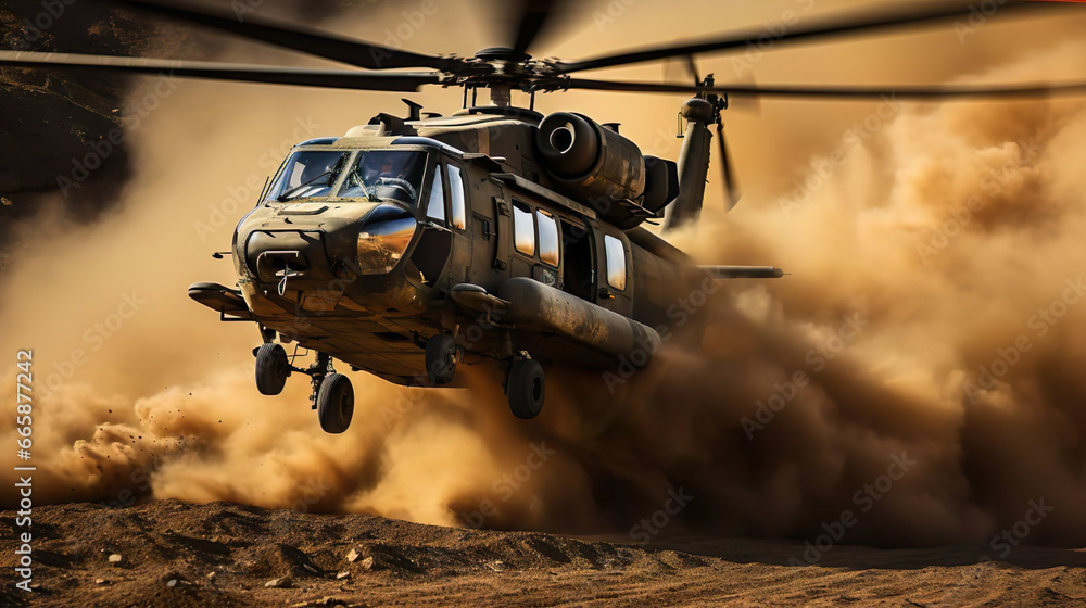 Military Helicopter Taking Off In The Desert Making A Cloud Of Smoke - Generative Ai Military Helicopter Taking Off In The Desert Making A Cloud Of Smoke - Generative Ai