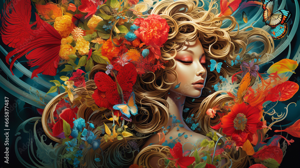 A colorful illustration of a woman with wild hair decorated with a variety of flowers and butterflies. A colorful illustration of a woman with wild hair decorated with a variety of flowers and butterflies.