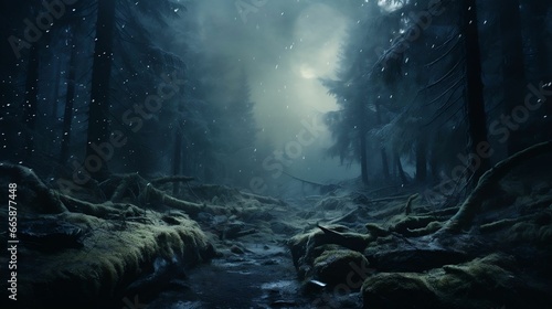 A blizzard swirling through a moonlit, tranquil forest 