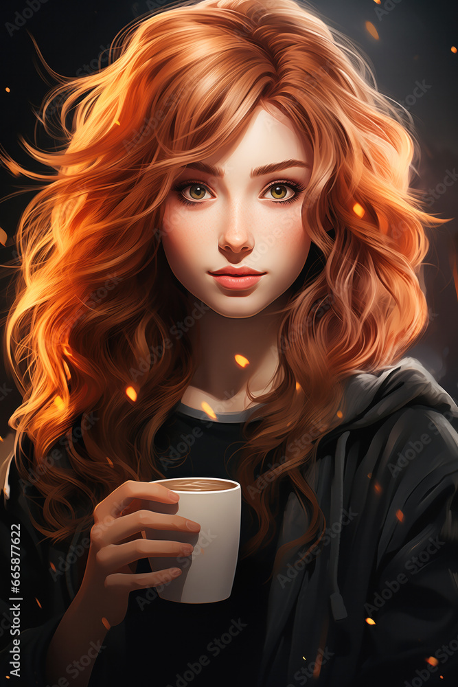 Illustration of a young woman with red hair holding a cup of coffee Illustration of a young woman with red hair holding a cup of coffee