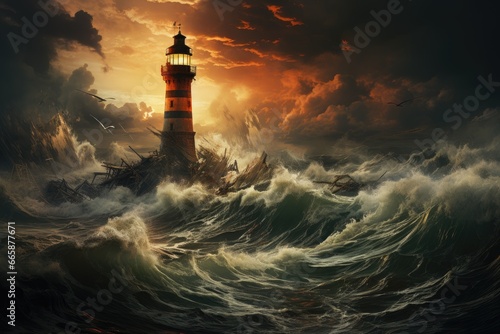 A lighthouse standing tall against a stormy sea backdrop.