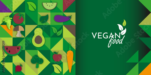 Vegan food banner in flat minimalist style. Vector illustration.