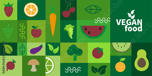 Vegan food banner in flat minimalist style. Vector illustration.