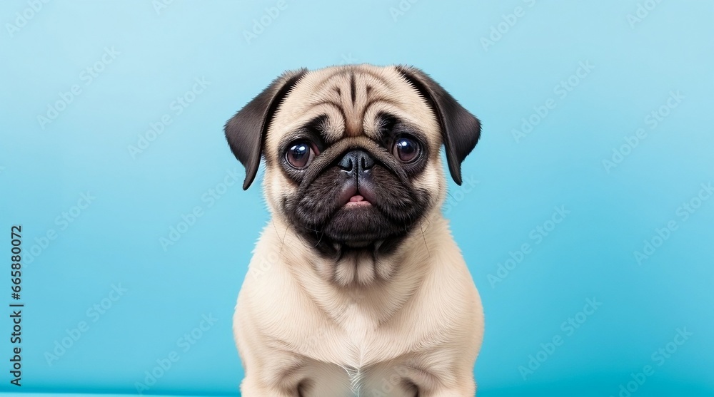  Pug Dog's Serendipitous Stance Isolated on Light Blue Background, a Surprise from Generative AI