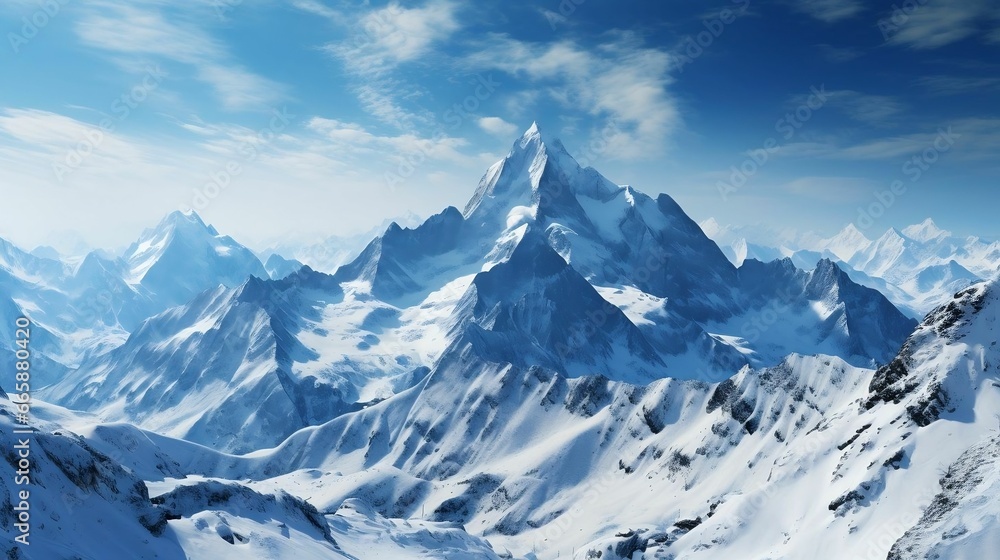 Snow-covered mountains reaching for the cold, blue sky
