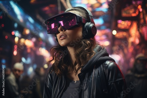 Female gamer immersed in a virtual reality fantasy world.