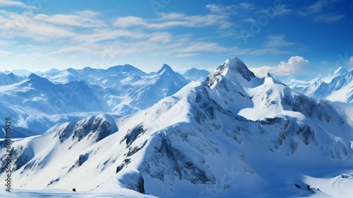 Snow-covered mountains reaching for the cold, blue sky 