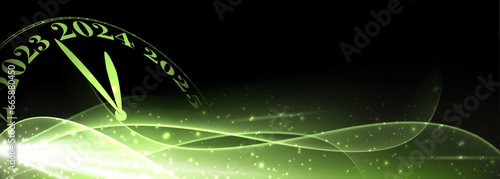 New Year 2024 countdown clock over green lights with transparent waves on black background.