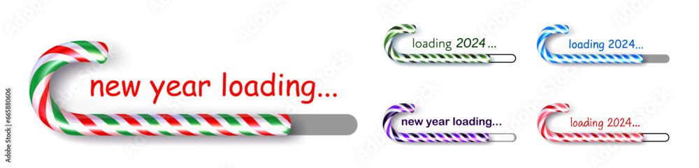 Obraz premium Set of loading progress bars 2024 New Year made of colorful bent curved candies on light background.