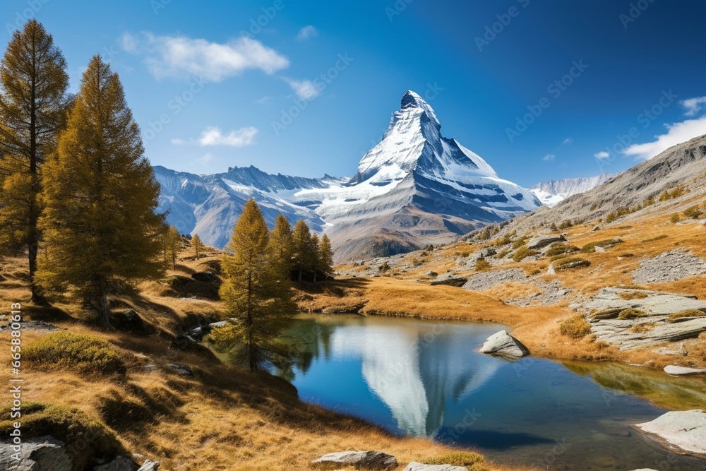The breathtaking Matterhorn showcasing the stunning Swiss Alps in Valais. Generative AI