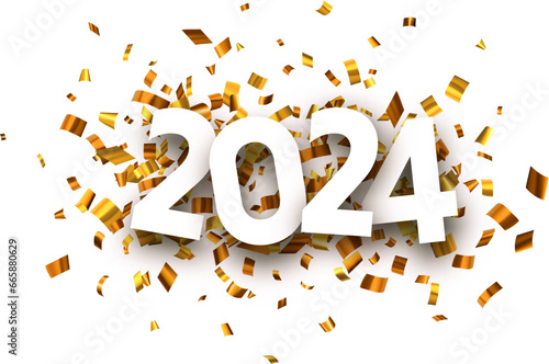 New Year 2024 paper numbers for calendar header on glittering background made of golden confetti.