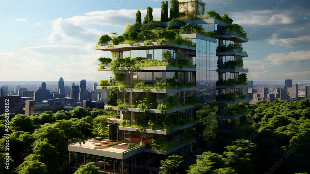 Obraz premium Modern, eco-friendly high-rise design featuring elements like green roofs, solar panels, and natural ventilation systems, Generative AI