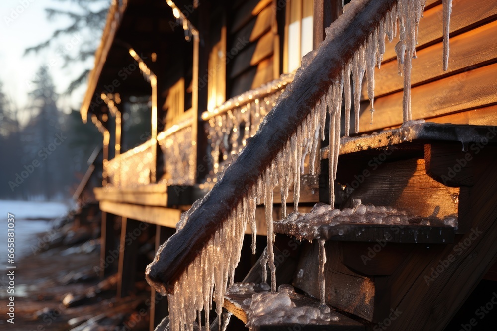 Fragile icicles forming on the eaves of a rustic winter cabin.