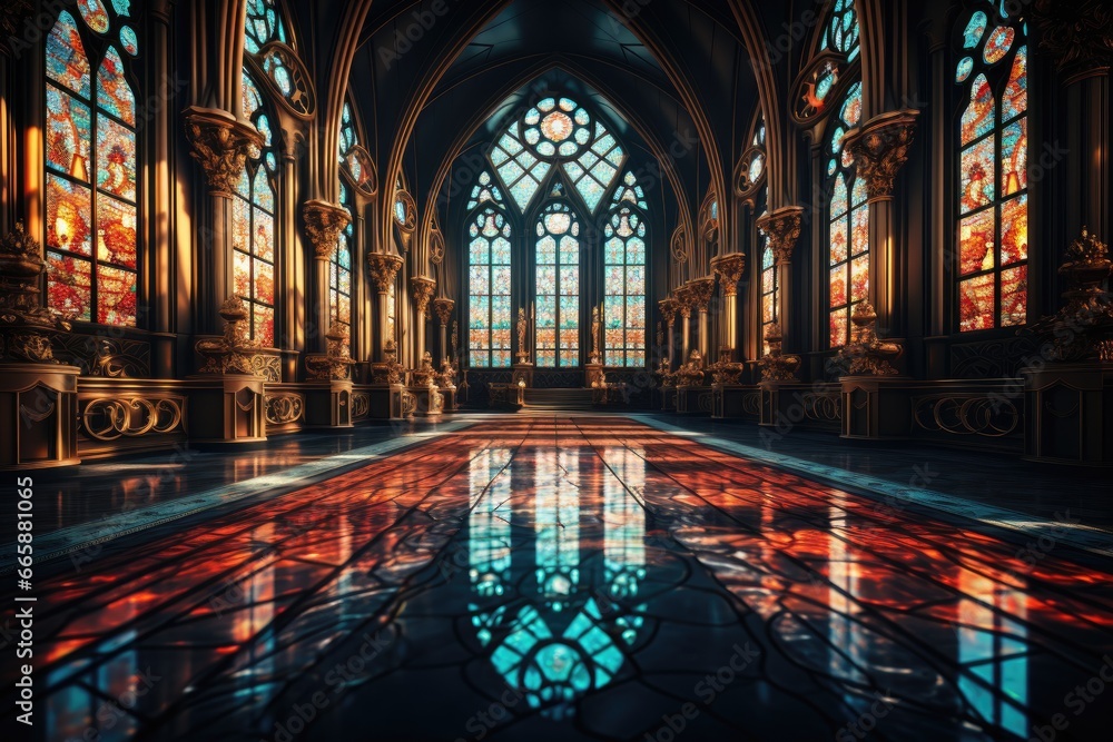 Gothic cathedral with ornate stained glass windows. - obrazy, fototapety, plakaty 