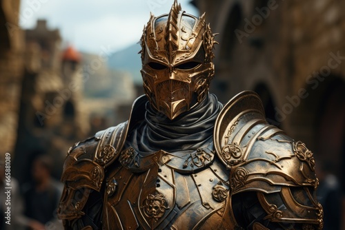 Knight in gleaming armor, medieval castle background, holding a broadsword.