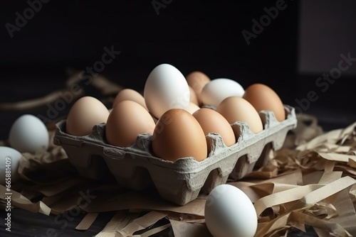 Fototapete White chicken eggs in carton with cash