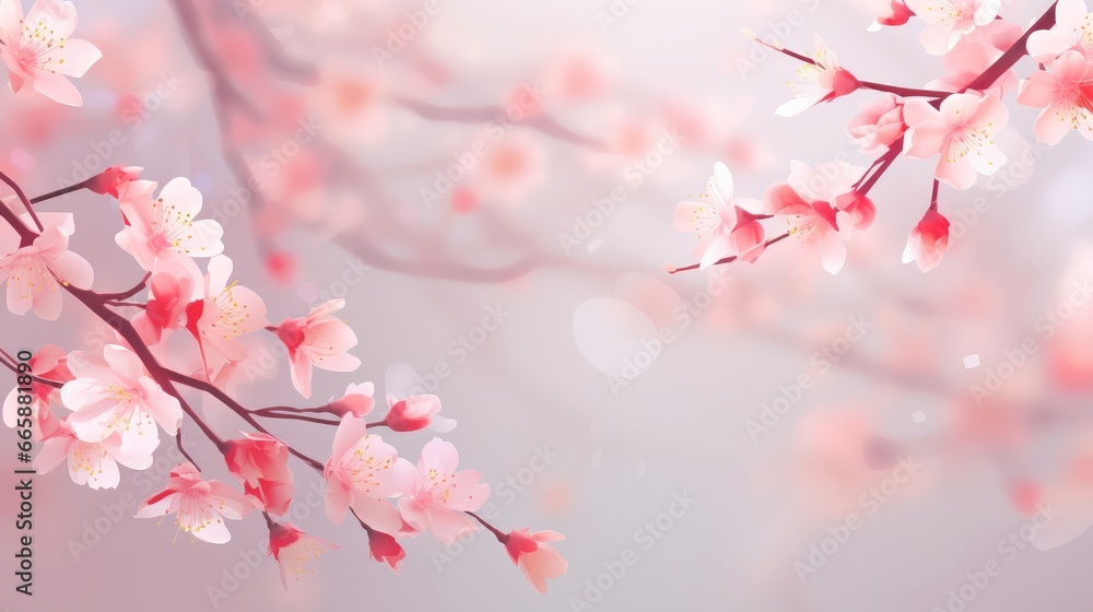 Vector background with spring cherry blossom. Sakura branch in springtime with falling petals and blurred transparent elements