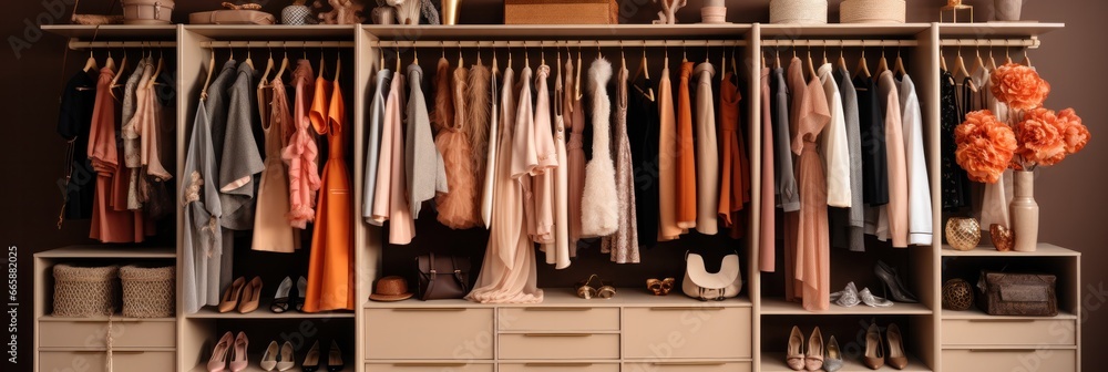 interior of a luxury female wardrobe full of expensive dresses, generative AI
