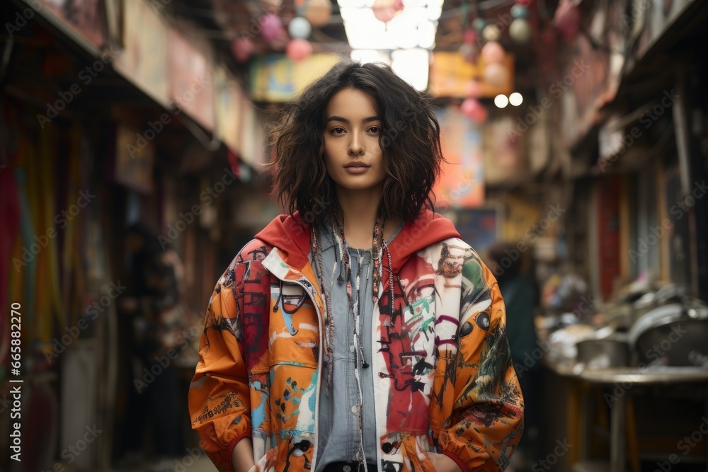 Model in an urban setting showcasing streetwear with graffiti walls. Model in an urban setting showcasing streetwear with graffiti walls.